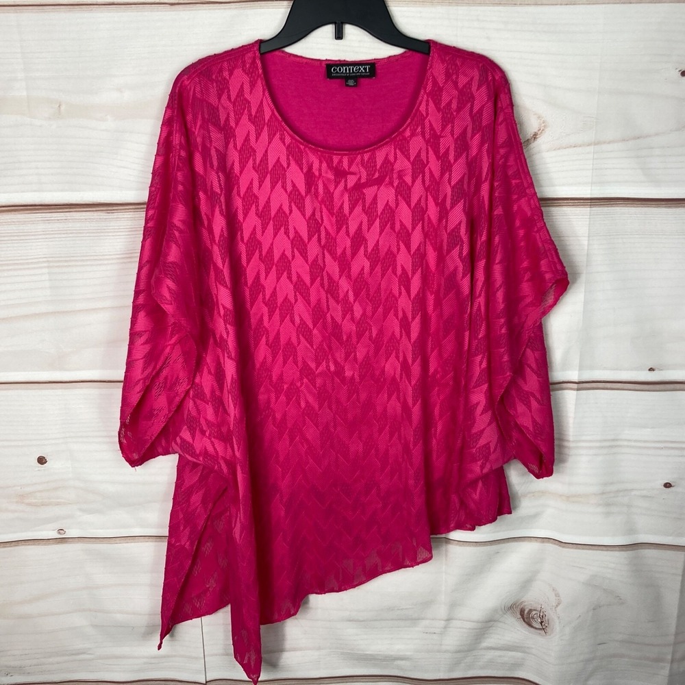 CONTEXT Top Womens M Pink Kimono Sleeve Blouse Asymmetrical Hem Scoop Neck Woven